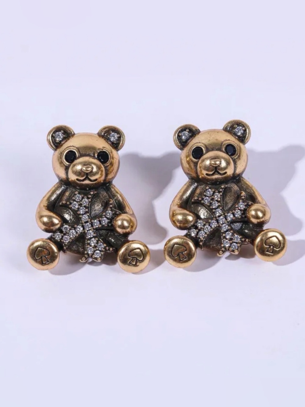 Gold-tone Teddy Bear Crystal Stud Earrings Vintage Inspired